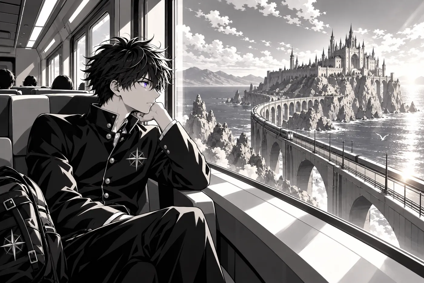 Akio seul dans un train vers une forteresse